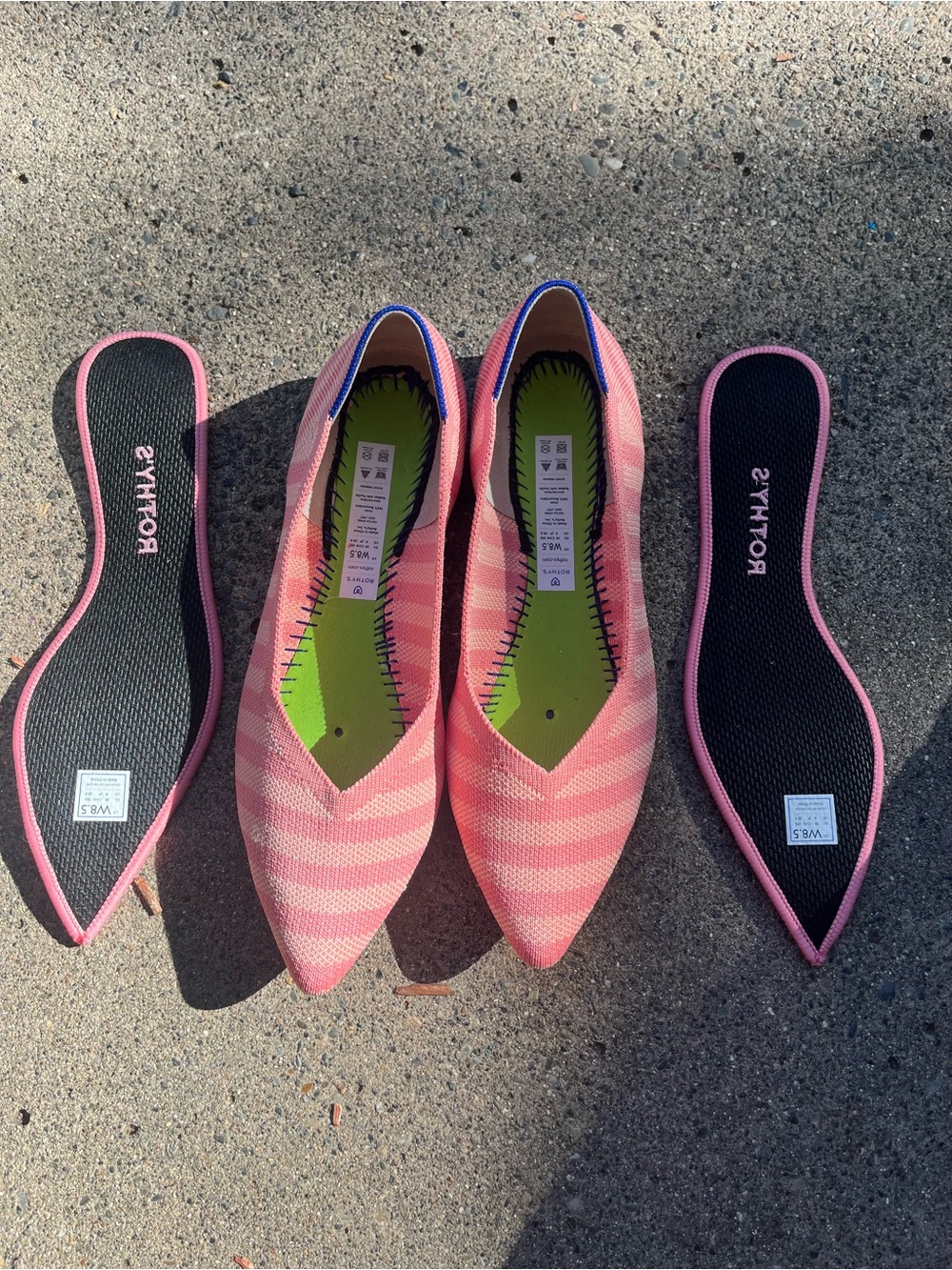 Rothy's Pink Striped Pointed Knit Flats with Blue Trim 8.5 - Picture 7 of 9